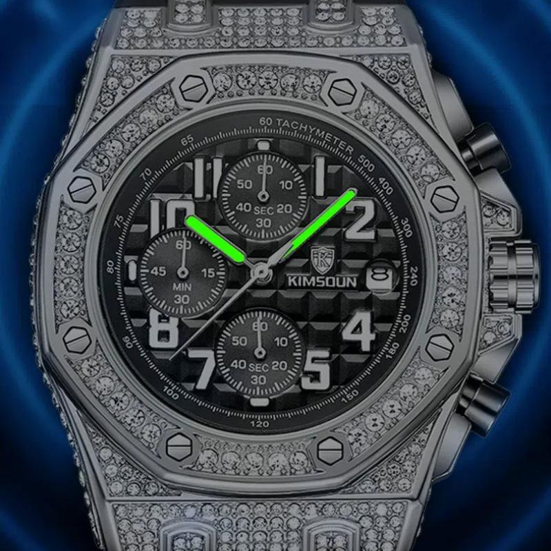 KIMSDUN Herren-Quarzuhr mit drei Augen und sechs Zeigern, diamantbesetztem Kalenderzifferblatt, leuchtend, wasserdicht, Herrenuhr