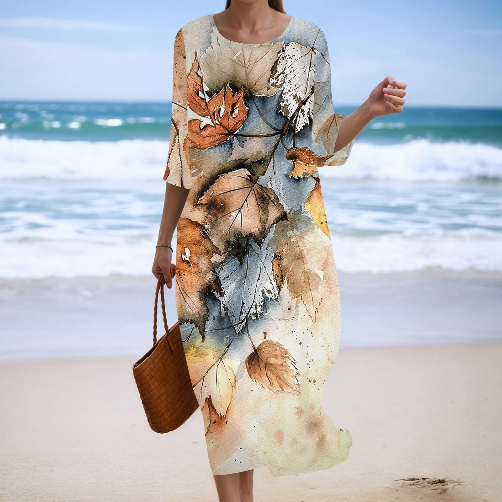 

Женское модное платье свободного кроя с принтом, круглым вырезом и рукавом три четверти XL жёлтый