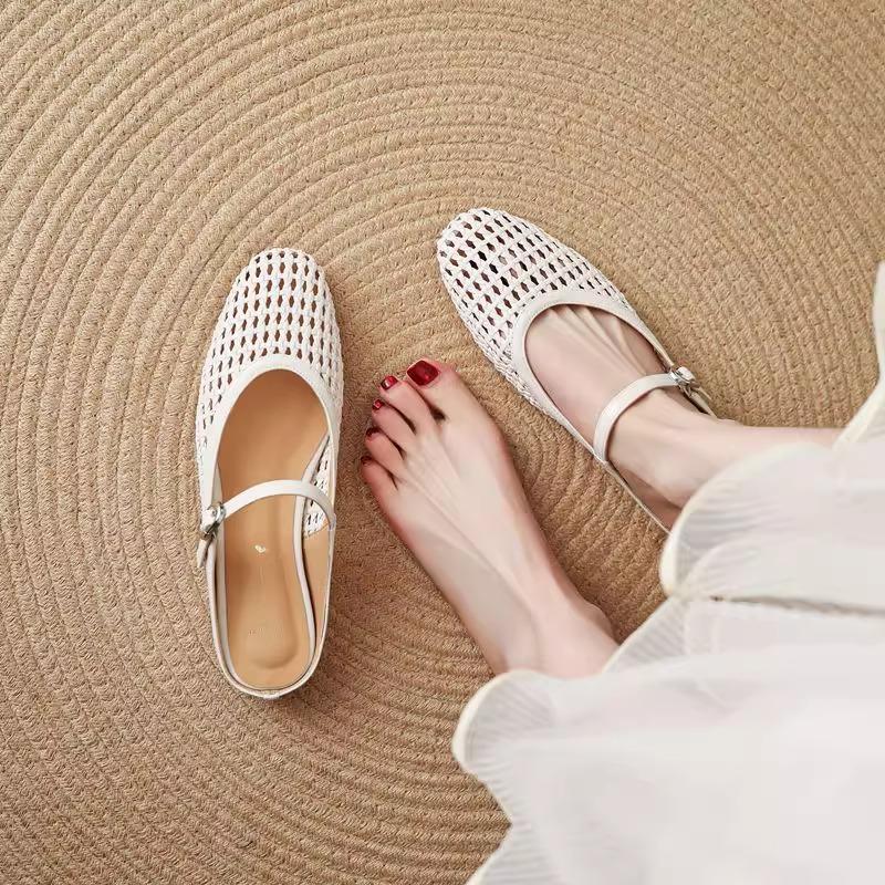 

[Fanfna] Mesh hollow bag head drag women s flat bottom low height cool slippers women s one-word belt woven half drag women s shoes 35