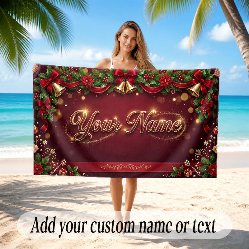 Christmas Theme Quick Dry Beach Towel Custom Name Text Print Large Sand Resistant Towel Beach Vacation