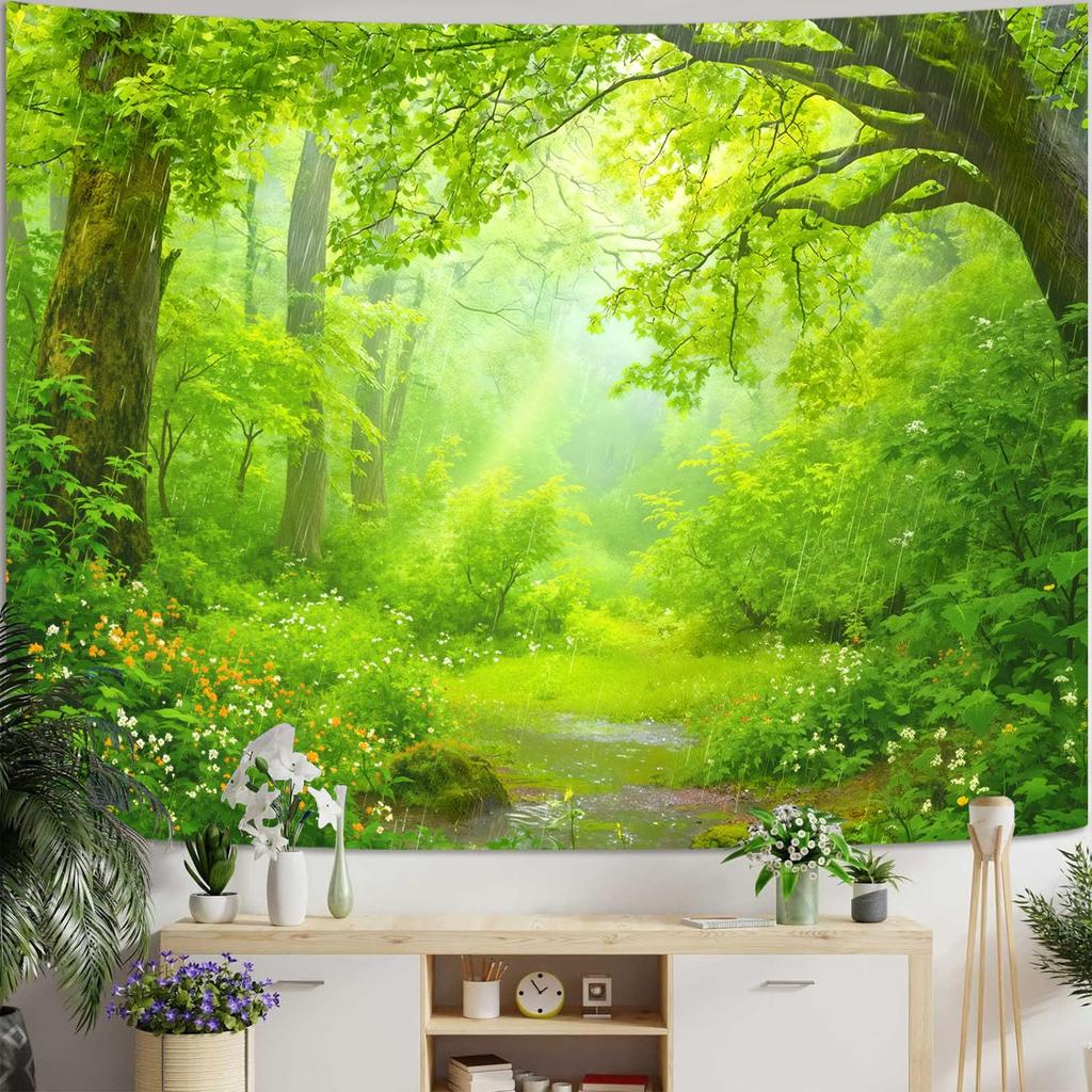 Misty Forest Tapestry, Serene Pine Trees With Sunbeams And Snowy Mountain Wall Art For Nature Lovers And Calm Room Decor