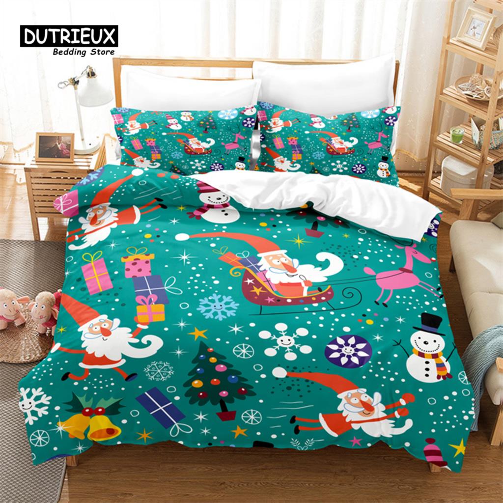 3pcs Christmas Duvet Cover Set, Cartoon Santa Claus Bedding Set, Soft Comfortable Breathable Duvet Cover, For Bedroom Guest Room