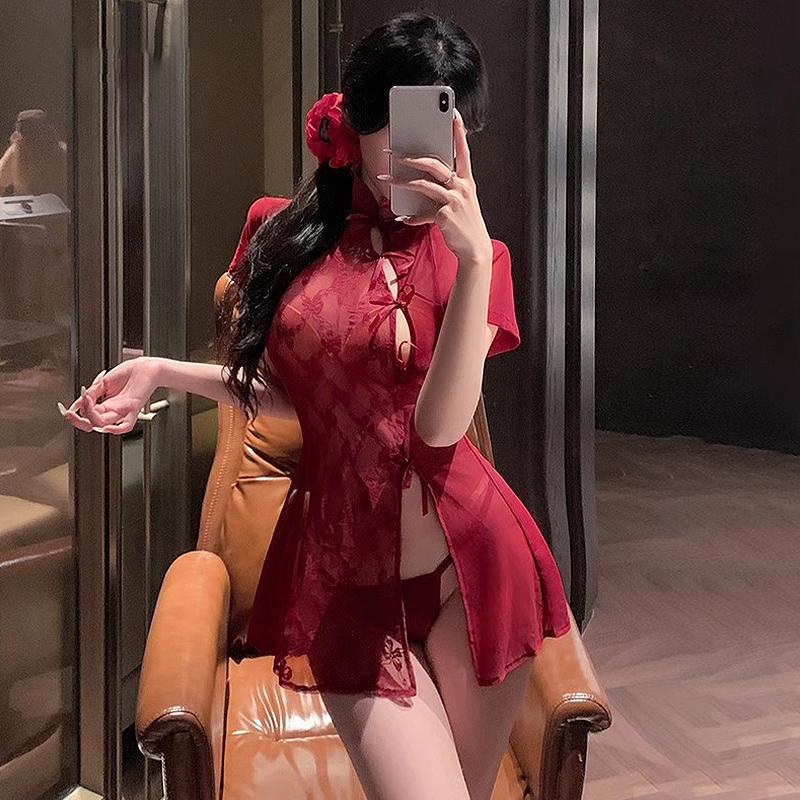 Chinesischer Antikstil Dessous Kleid Spitze Patchwork Durchsichtig Anime Frauen Qipao Cosplay Kostüm Weiß Tüll Dessous Set