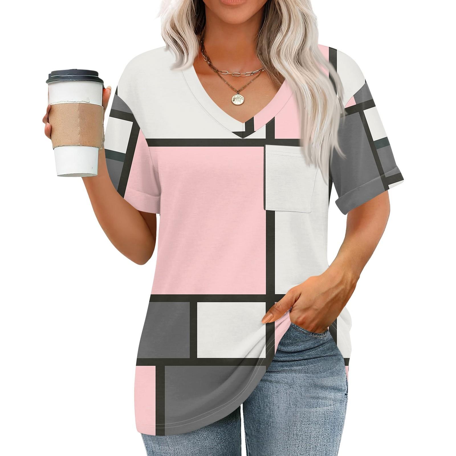 

Женские топы с V-образным вырезом и коротким рукавом Блузки Повседневные модные принты Туники Топы с карманами S розовый