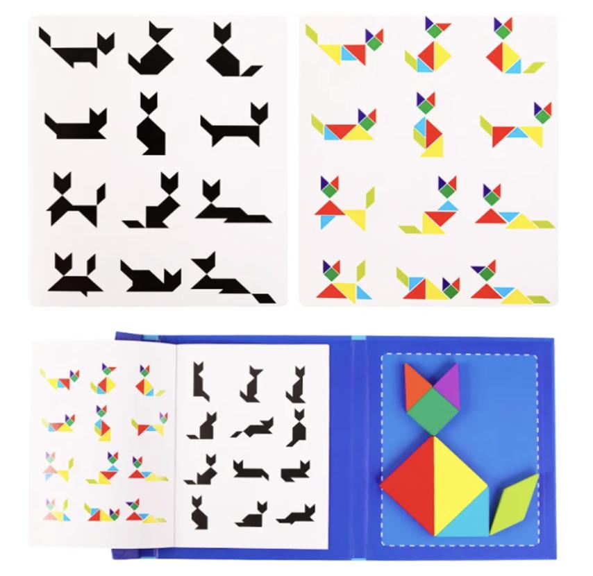 3D magnetic puzzle wooden tangram geometric shape puzzle book portable children's Montessori children's puzzle game toy