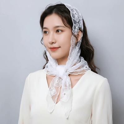 Retro Embroidered Flower Lace Scarf Breathable Mesh Lightweight Female Headscarf Triangle Scarf Summer