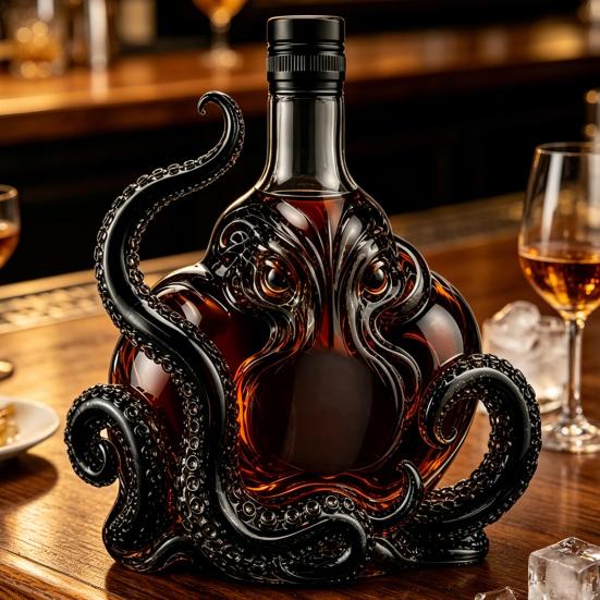 3D Octopus Whiskey Decanter, Nautical Art Collectible Whiskey Bottle, 350ml Glass Decorative Liquor Bottle, Home Bar Decanter for Spirits Whiskey
