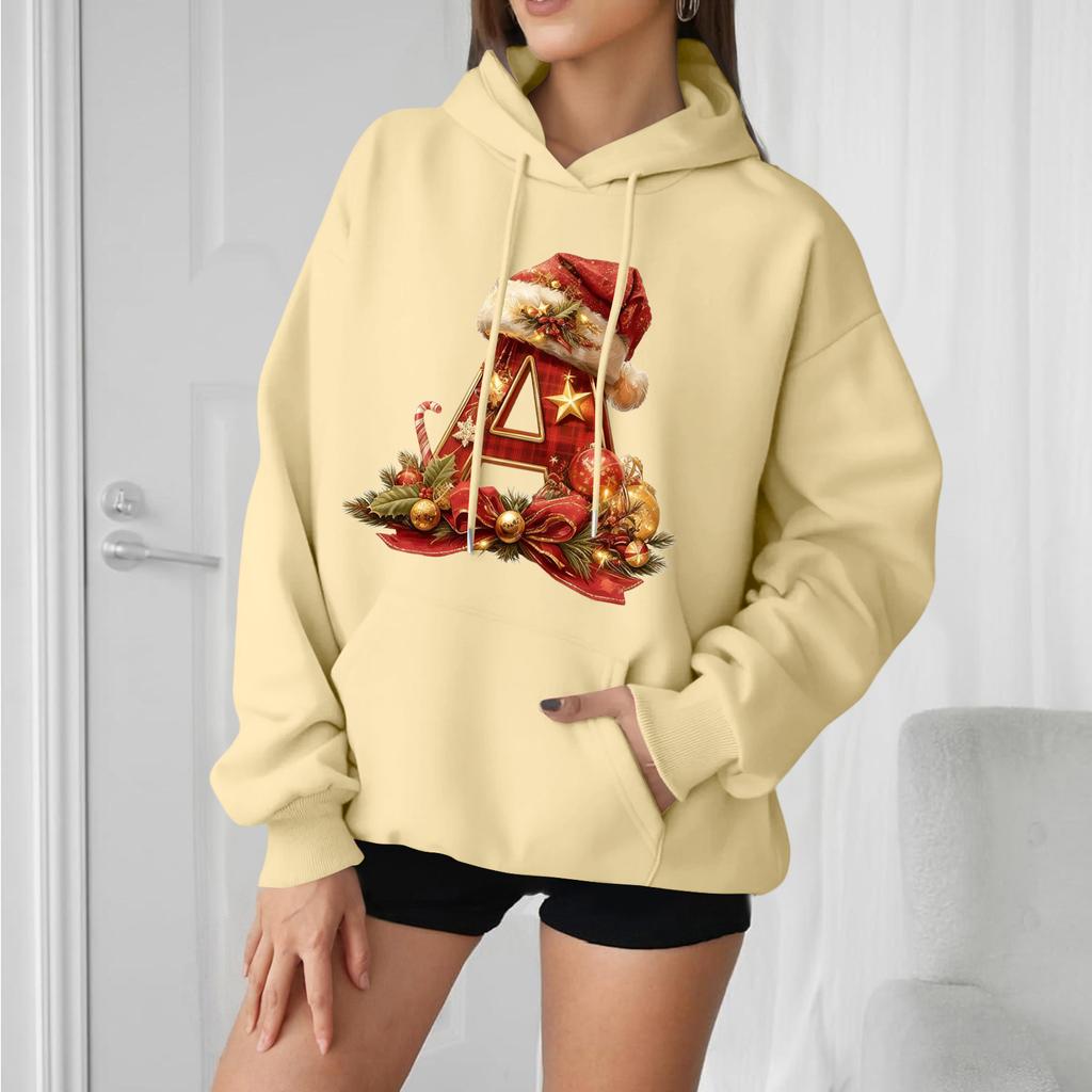 Women's Casual Comfortable Long-Sleeved Christmas Letter-Printed Warm Hooded Crew-Neck Sweatshirt
