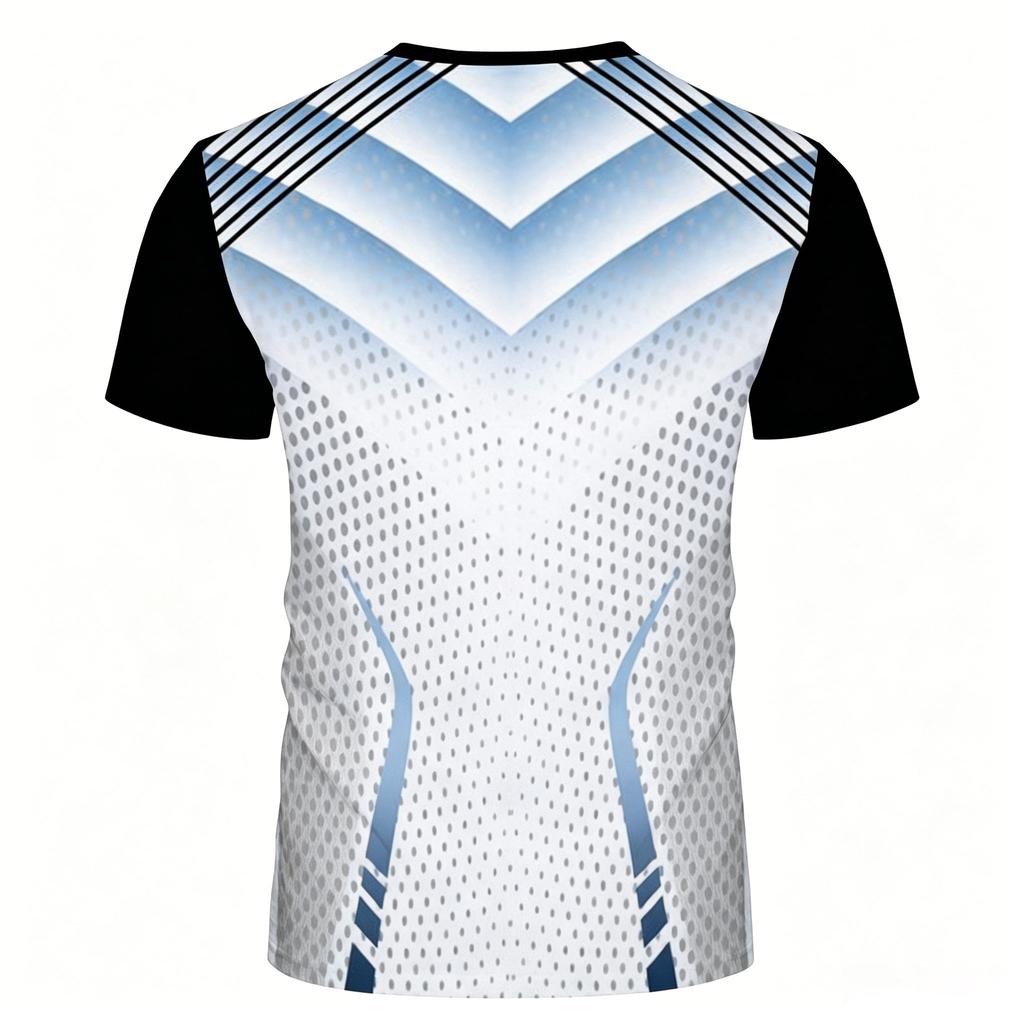Men's Sublimated Compression T-Shirt, Black Sleeve White Chevron Dot Mesh Geometric Line All Over Print Stretch Quick Dry Soft B