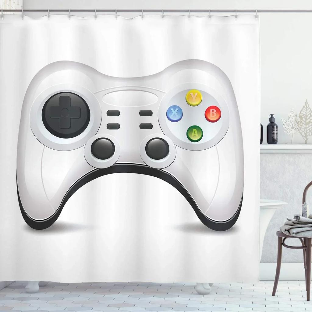 Modern Gamer Shower Curtain Video Game Controller Bath Curtain Room Decor Bright Colorful Geometry Waterproof Bathroom Curtains