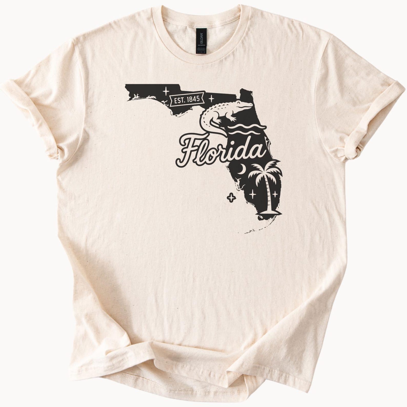 Florida Graphic T Shirt with State Outline Alligator Palm Tree and Est 1845 Unique Florida Map Design Nature Tee 150