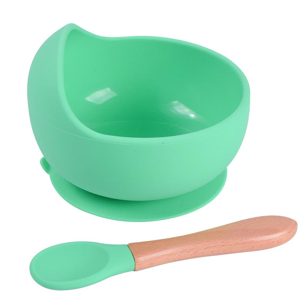 Silicone Baby Bowl & Spoon Set with Wooden Handle and Suction Cup