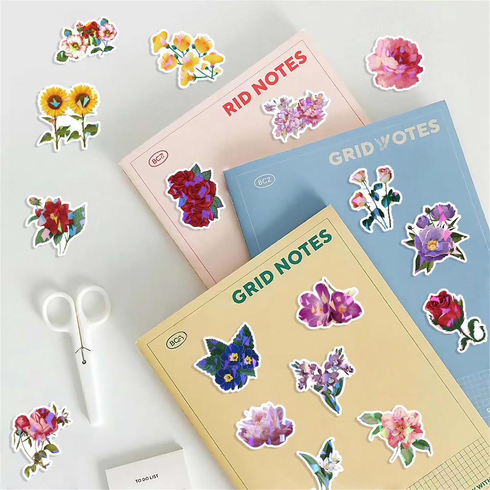 200-Count Holographic Flower Laser Glitter Stickers - Cartoon Style with Hot Stamping for Gift Box Sets