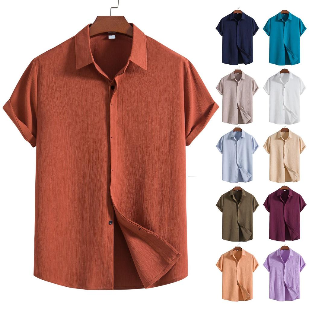 Summer Cotton Linen Shirt for Men's Lapel Loose Solid Color Hide Button Up Short Sleeve Shirts