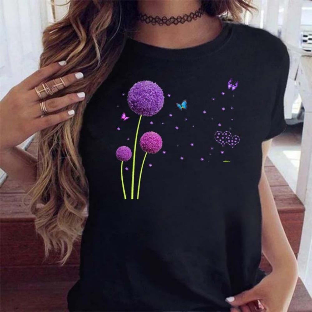 New Dandelion Printed Women's T-shirt Cartoon Pattern Printed Black Women's T-shirt Casual Women's Shirt Fun T-shirt