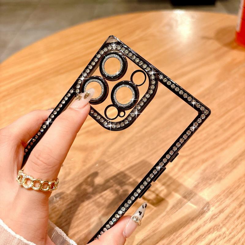 Glitter Diamond Frame Clear TPU Phone Case For iPhone 16 Pro 15 Pro Max 14 13 Transparent Shockproof Soft Bumper Cover