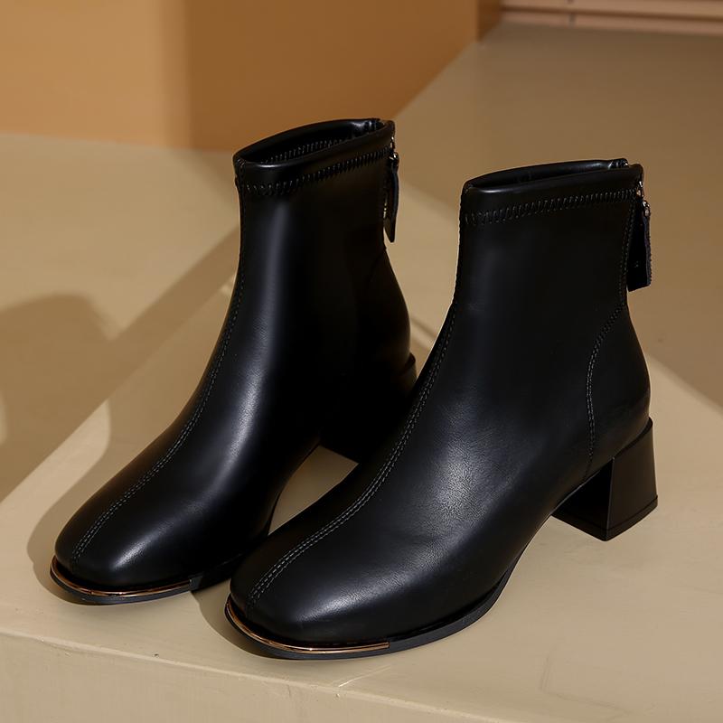 Autumn Winter Women Thick Heel Ankle Fashion Metal Square Toe Street Party Short Botas Mujer for Adult Women