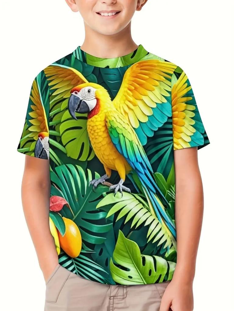 Kids' Tropical Macaw Parrots Beach Print Short Sleeve T-Shirt Summer Animal Graphic Tee
