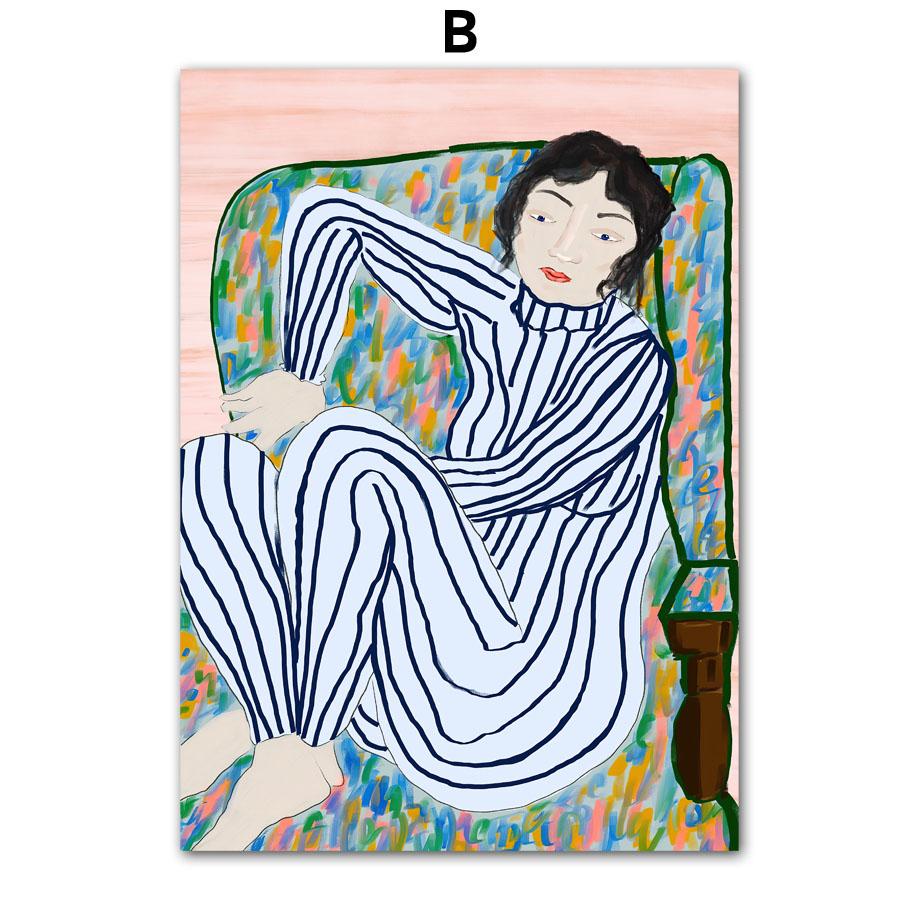 Abstract Figure Lines Stripe Girl Colorful Wall Art Canvas Painting Posters And Prints Hotel Bar Pictures For Living Room Decor