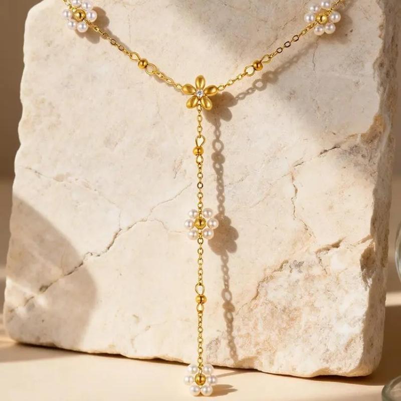 

Golden Drop Lariat Chain, Women s Layered Beaded Y Necklace, Stainless Steel Flower Pearl Long Pendant Fashion Jewelry Gift