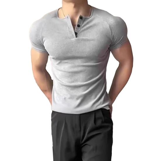 

Men Tops V-Neck Buttons Half Placket Short Sleeve Tee Shirt Pure Color Slim Fit Summer Stretchy T-shirt Daily Wear M серый