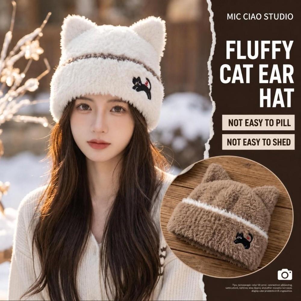 Cold Proof Plush Knit Hat Warm Cat Ear Hat Comfortable Fall Winter Skull Cap Casual Wear