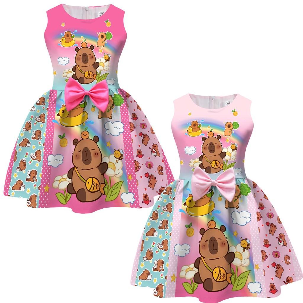 Vestito Ragazza Capibara con Fiocco a Farfalla per Festa Primavera Autunno Bambini