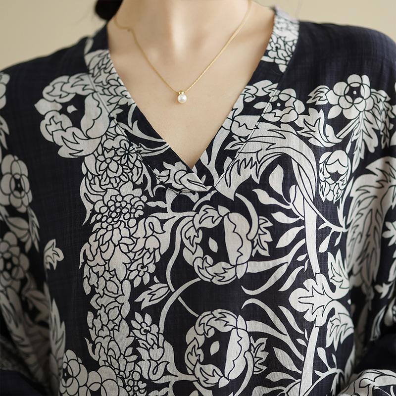 Dimanaf 2025 Women Plus Size Spring Long Dress Loose V-Neck Printing Vintage Casual Floral Oversize Long Sleeve 5027