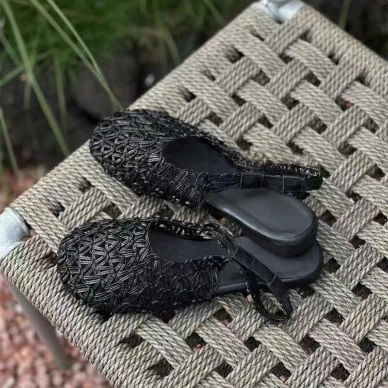 Summer New Niche Design Woven Breathable Rear Trip Strap Sandals Hollowed Out Soft Sole Wrapped Head Shoes Women