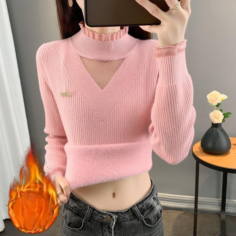 Women's Autumn Winter Half-High Neck Sweater with Integrated Fleece Fabric - Lace-Trimmed Knit Base Layer Warm Thickened Style