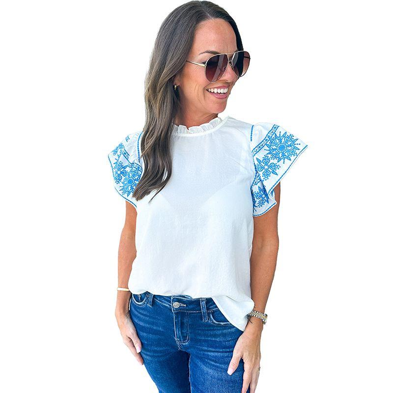 

Summer New Arrival Embroider Ruffles Three-Quarter Sleeve Tops Women 2025 Fashion Commuter s All-Matching Pullover Chiffon Shirt Women White 2 Size XL Fit (75.00 kg-82.50 kg