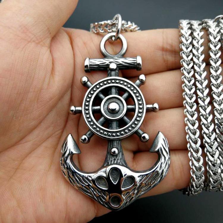 

Pirate Anchor Pendant Necklace, Men s Punk Style Titanium Steel Jewelry K2 [Pirate Anchor] Pearl Chain