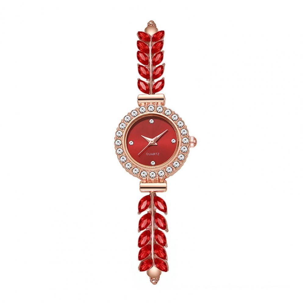 Round Dial Women Quartz Watch Leaf Design Rhinestone Watch Ladies Quartz Watch Festival Gift красный