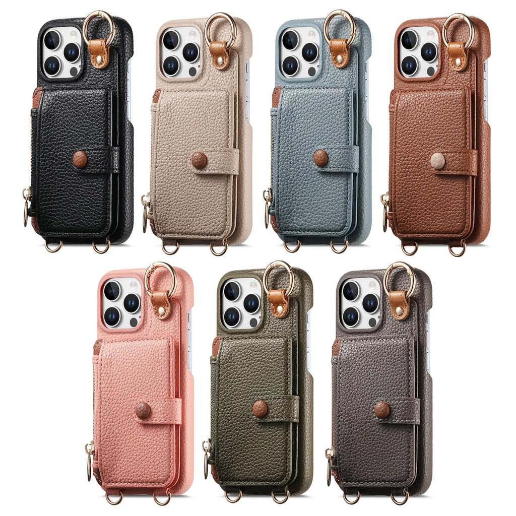 Crossbody Zipper Cards Solt Wallet Leather Case For iPhone 16 Pro Max 15 Plus 14 13 12 11 Long Lanyard Ring Holder Mirror Cover