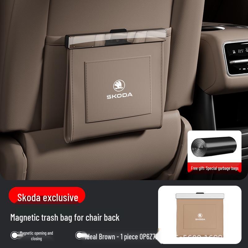 Waterproof Magnetic Leather Car Trash Bag for Skoda Octavia/Kamiq/Superb - Seat Back Organizer