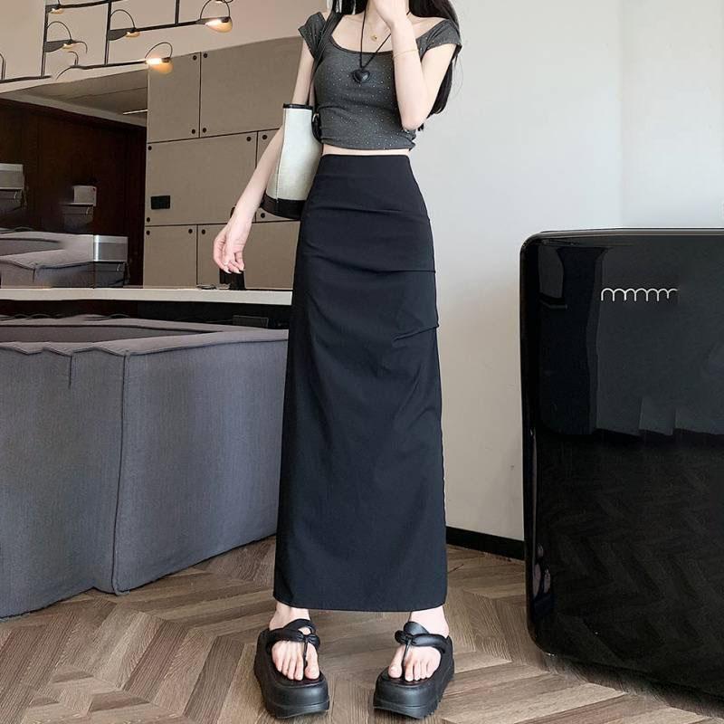 Women's Korean Style Solid Color High-Waisted Slimming Half Skirt Summer Ruched Split Bodycon Long Skirt