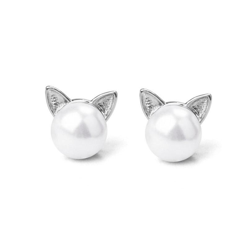 Cercei cu Perle în Formă de Pisică cu Urechi de Pisică pentru Femei, Simpli, Drăguți, Temperament Dulce, Cercei Versatili de Zi