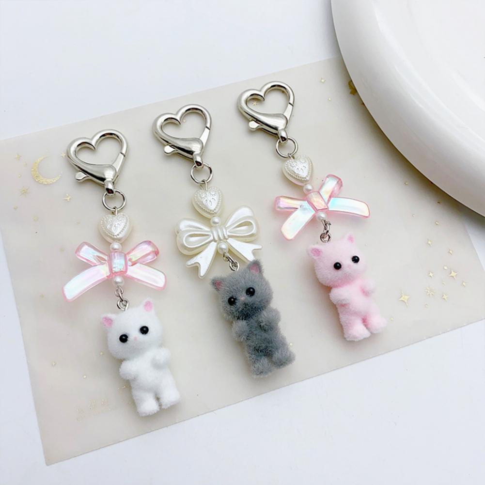 Heart Shape Keyring Flocked Cat Pendant Keychain with Bowknot Decor Heart Shape Fashionable Hanging Ornament for Wallet Backpack