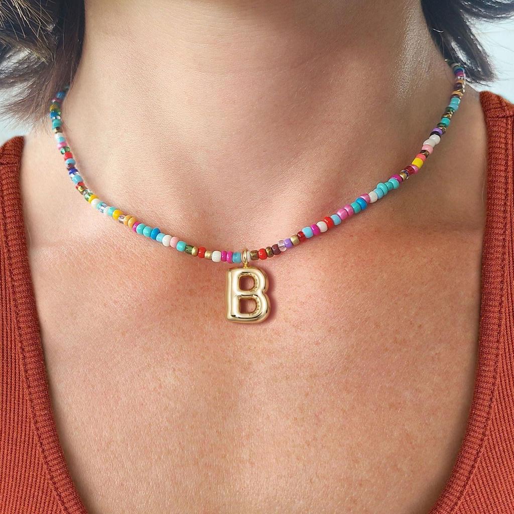 Bohemian Colorful Rice Bead Necklace with 26 Letters - Dopamine Style Jewelry