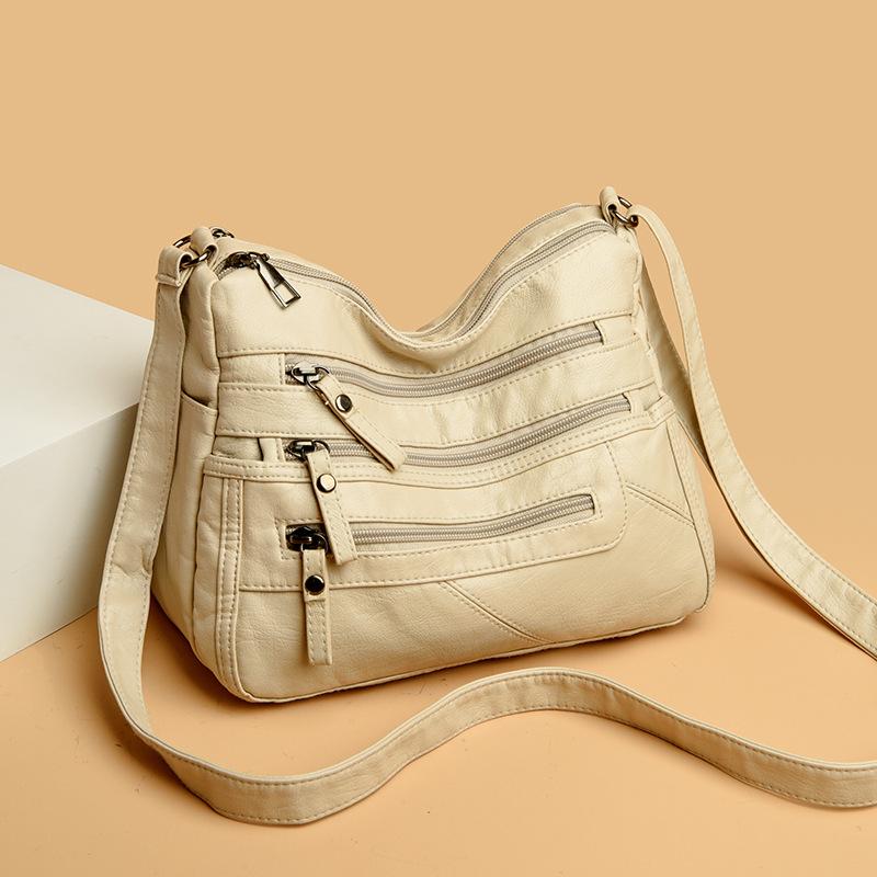 Women's Bag Autumn and Winter New Washed Soft Leather Oblique Span Bag Double-layer Large-capacity Shoulder Bag Middle-aged Women's Small Square Bag