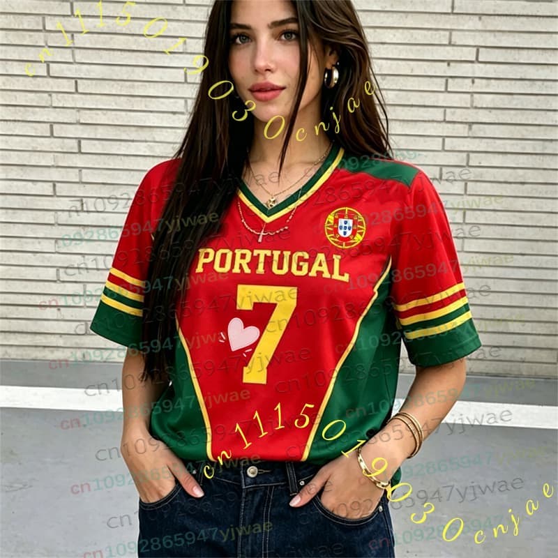 2026 Kadın Erkek Ponpon Kızlar PORTUGAL NO.7 Y2k Üstler Yaz Futbol Kısa Kollu Forma Günlük Tişörtler Hip Hop Kadın Erkek Giyim