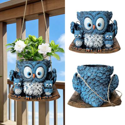 Flowerpot Blue Owl Resin Ceramic Hanging Planter with Detailed Texture Weather-Resistant Indoor Outdoor Decorative Plant