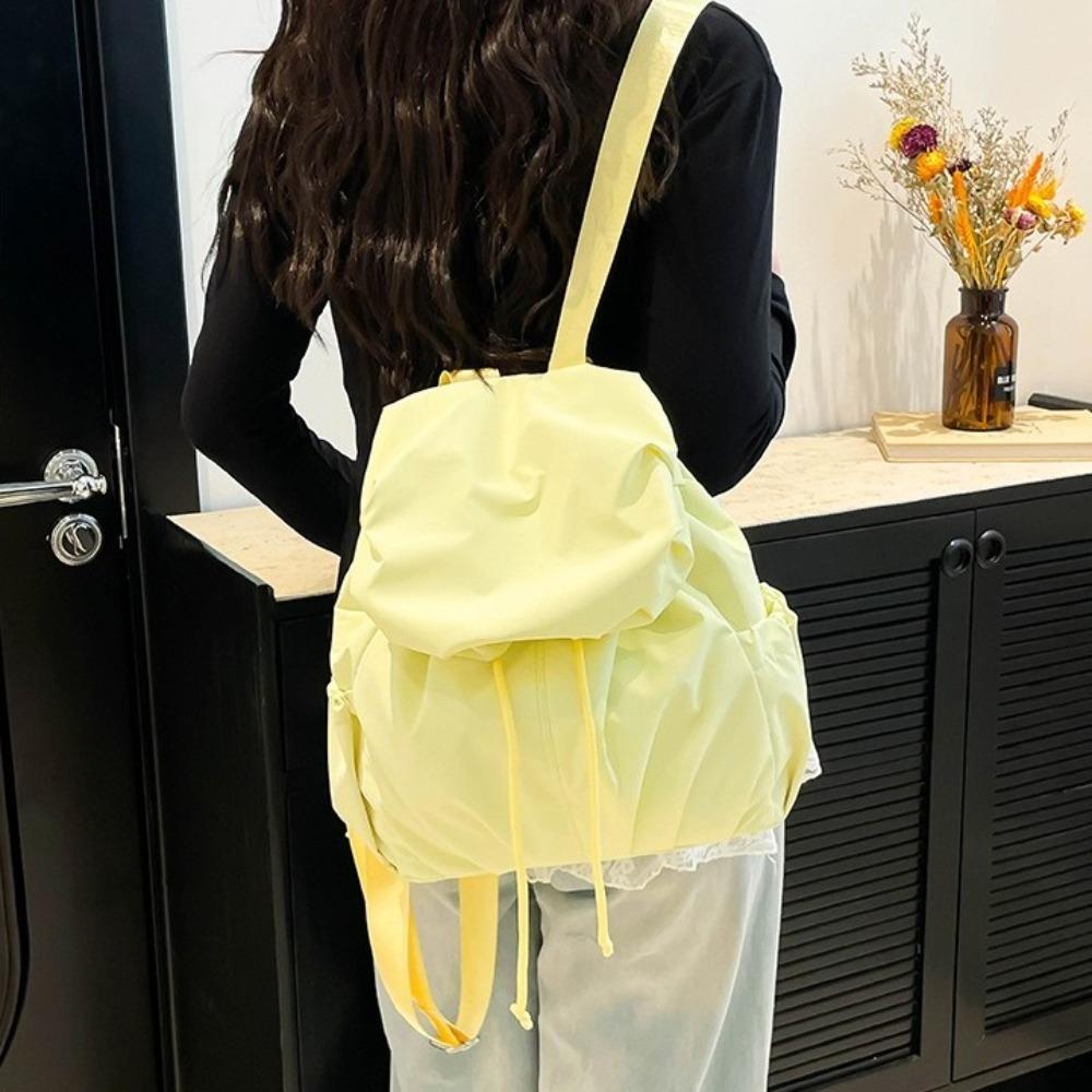 Flap Nylon Backpack Pleated Sports Shoulders Bag Casual Drawstring Backpack  Girls