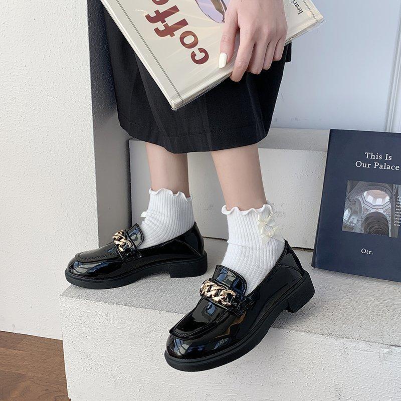 Shoes For Women Metal Chain Oxford Woman New Slip On Square Heel Platform Shoe Round Toe Solid Leather Casual Loafers