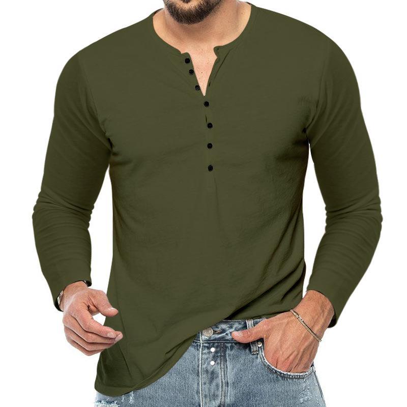 Four Seasons Men's T-shirt Long-sleeved Bottoming Shirt Slim Buttons V-neck Long-sleeved Body Shirt Men's