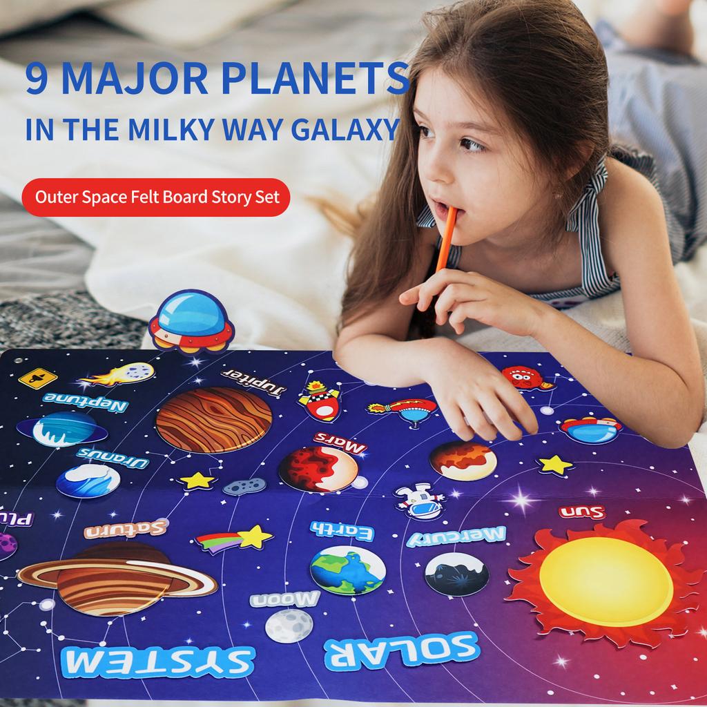 41PCS Space Felt Story Board Set - 43"x29" Solar System Universe Toy, Hangable Early Learning Activity Kit