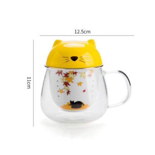 Roztomilý kočičí skleněný čajový šálek odolný proti teplu – Borosilikátový hrnek na čaj s víčkem a filtrem