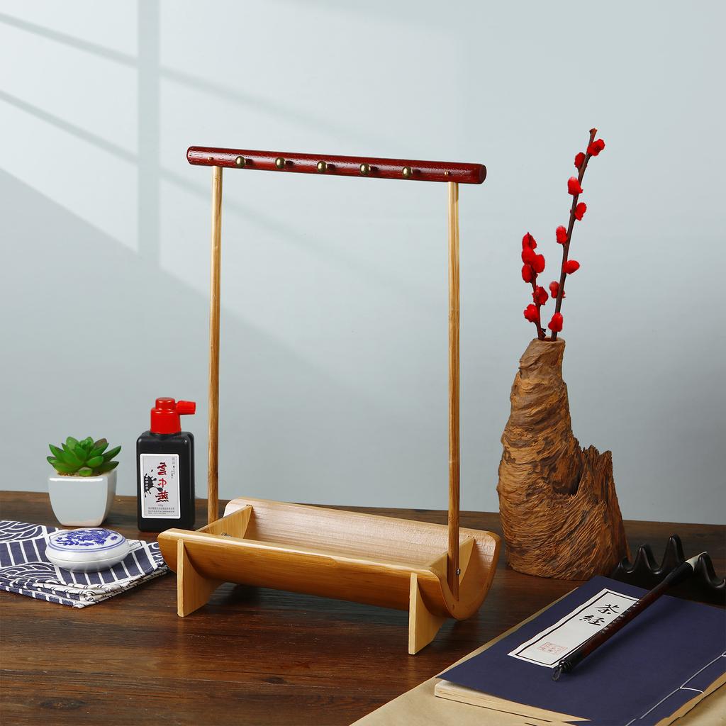 Natural Rosewood Chinese Brush Pen Holder with Bamboo Base Calligraphy Rest Ink Hanger 10 Needles Writing Brush Holder
