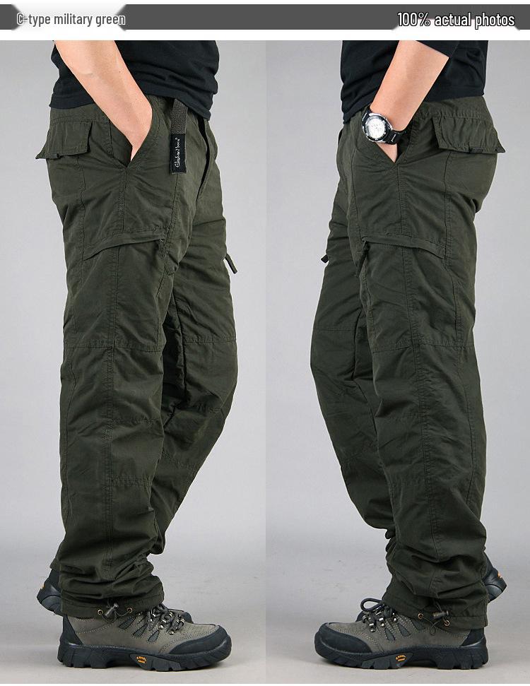 Men s Military Green Fleece-Lined Cargo Pants, Warm Multi-Pocket Cotton, Loose Fit for Outdoor Work 3XL хаки