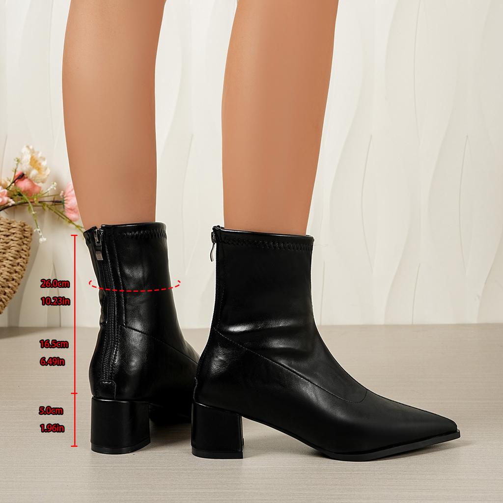 pointed short boots women's rear zipper temperament bare boots thick heel autumn and winter new French leather boots high heel thin boots